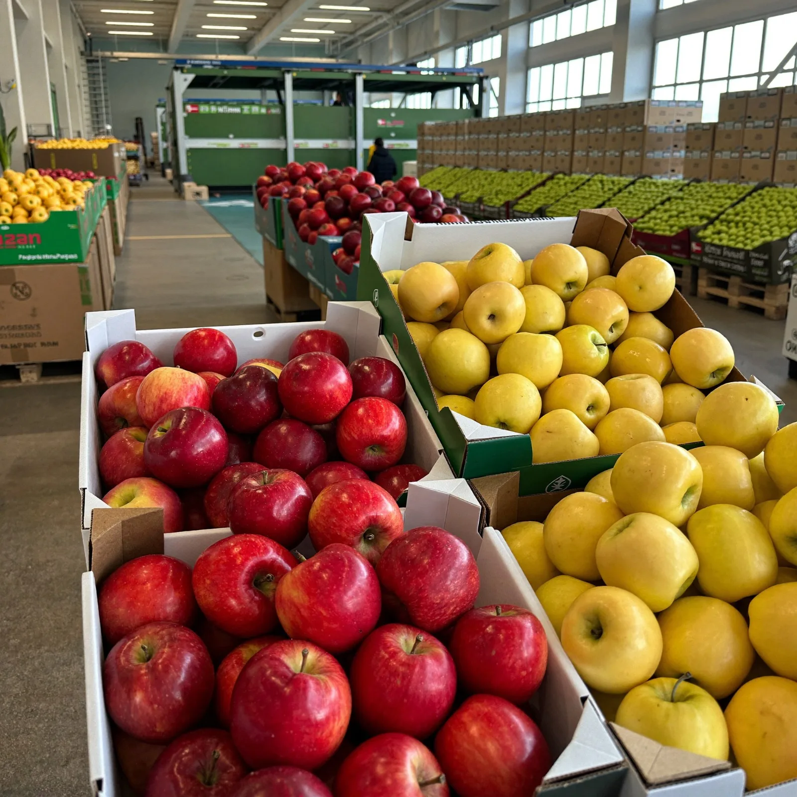 Several cartons of different Turkish apple varieties side by side in a wholesale hall.