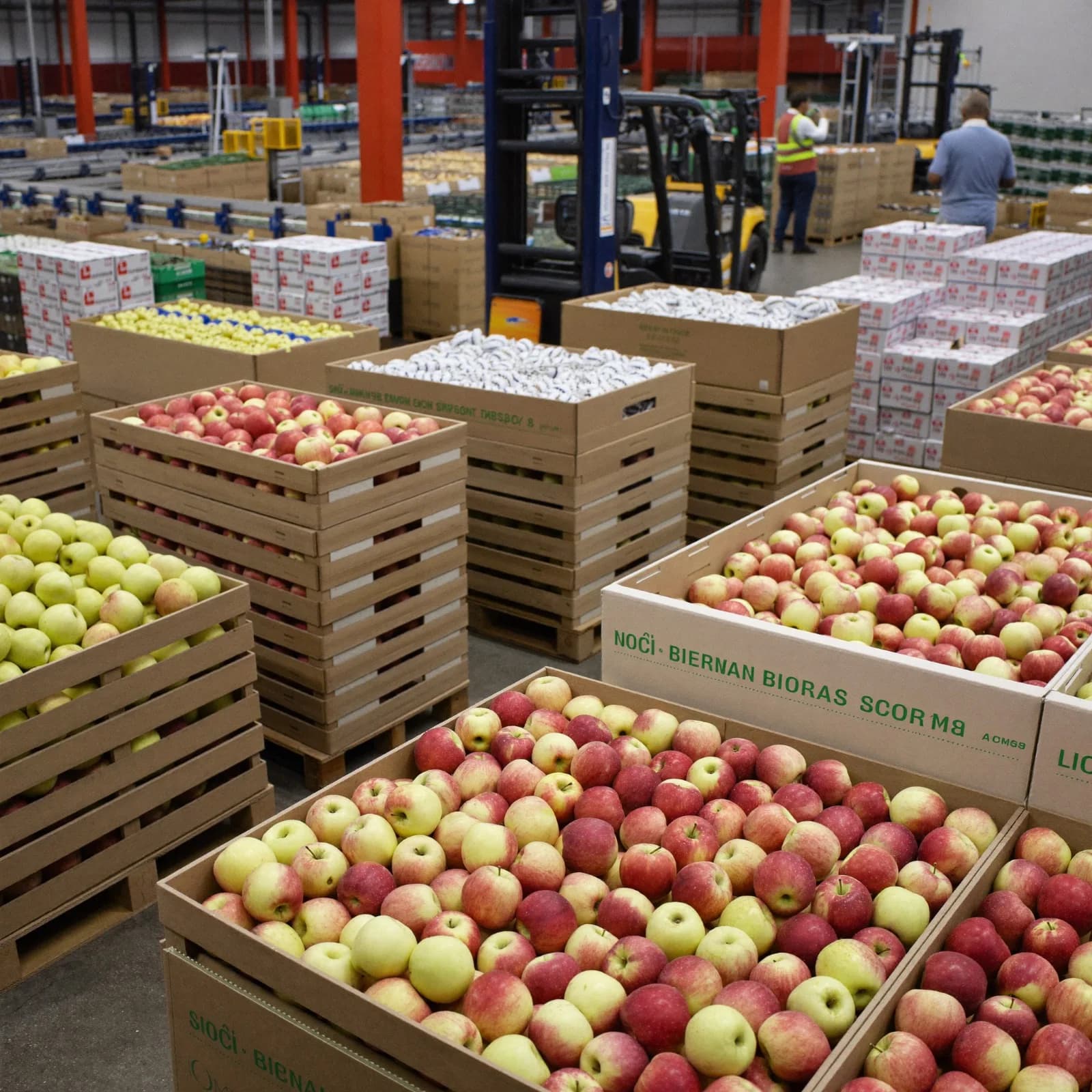 Wide view of a Turkish apple warehouse with wooden crates, forklifts and workers.