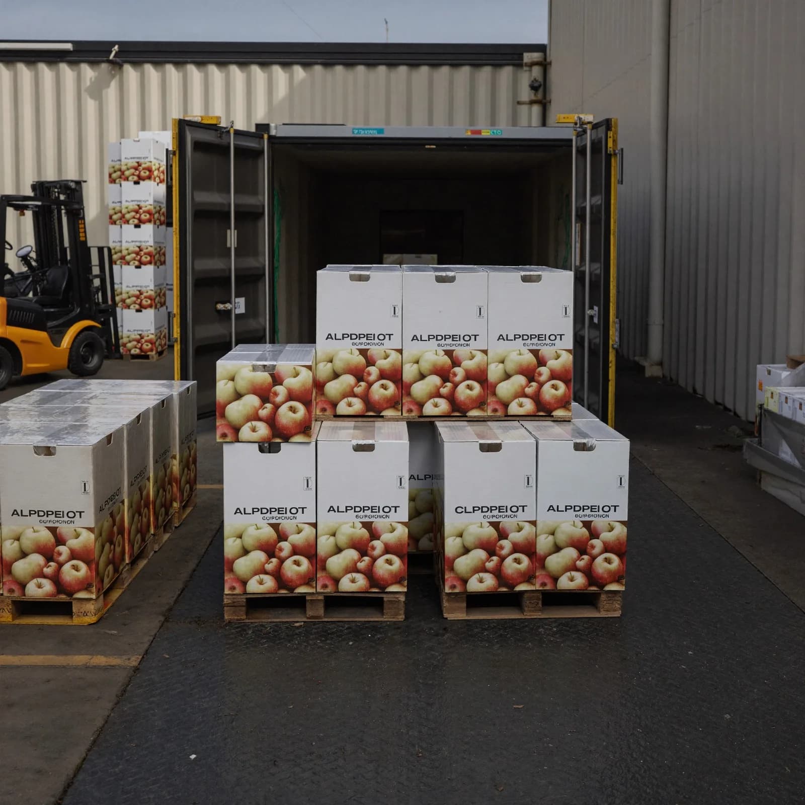 Pallets of boxed Turkish apples being loaded into a shipping container.